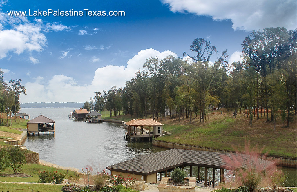 Boat houses on an inlet of Lake Palestine in Texas