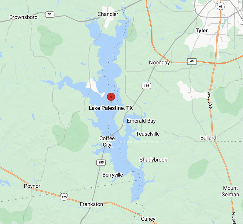 Lake Palestine Texas map showing nearby area cities