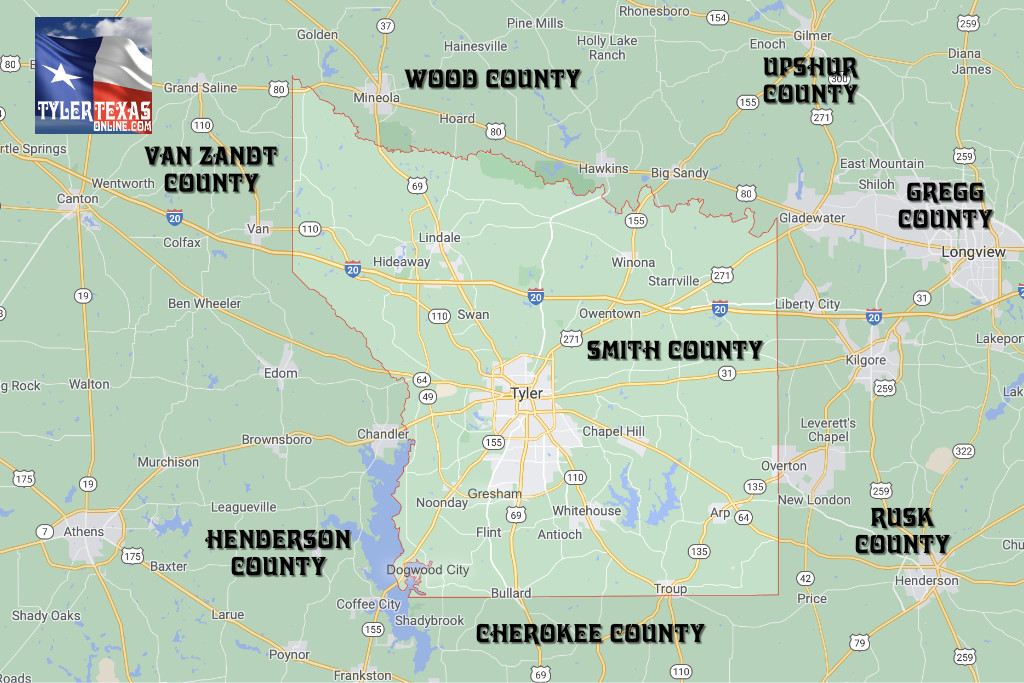 Map showing the location of Lake Palestine in Upper East Texas along with area cities and towns