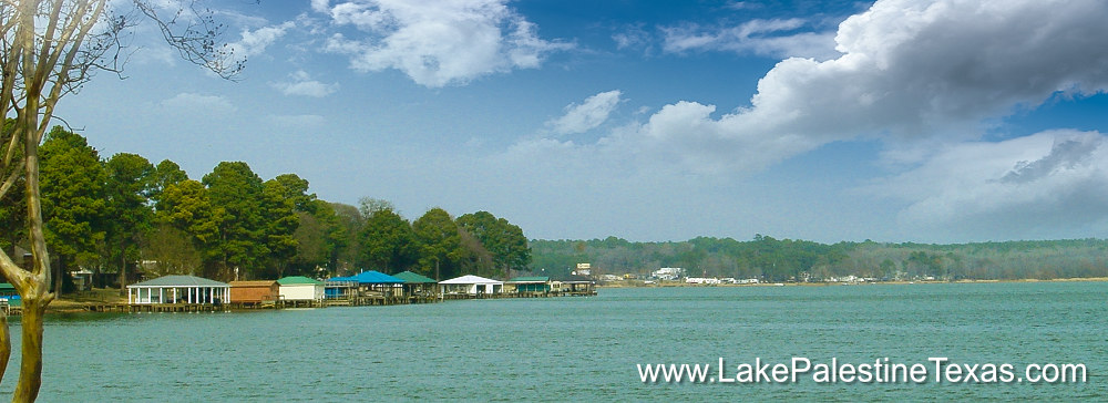 Boathouses and homes along Lake Palestine in East Texas near Tyler